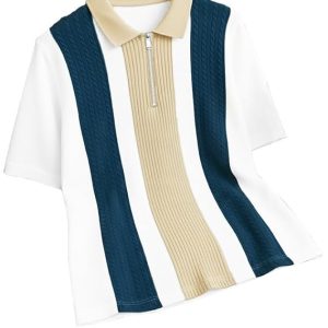 AUSK Men's Retro Cable-Knit Quarter-Zip Polo | Premium Textured Self-Design Half Sleeve T-Shirt for Men